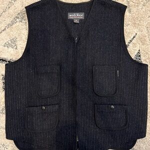 Vintage Woolrich Wool Pinstripe Utility Sport Hunting Vest Gray Black Size XL